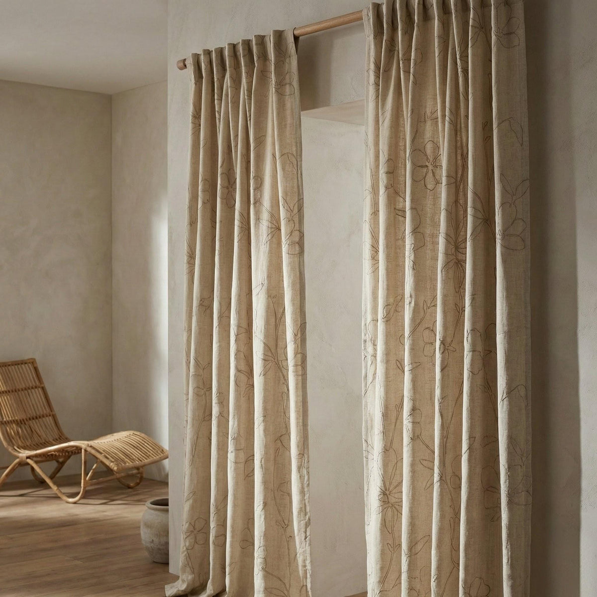 Beige Linen Curtains, Floral Embroidered, Custom Size, Unlined/Lined — image 5