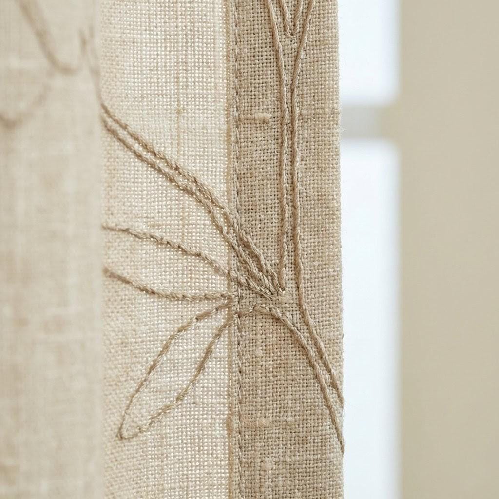 Beige Linen Curtains, Floral Embroidered, Custom Size, Unlined/Lined — image 10