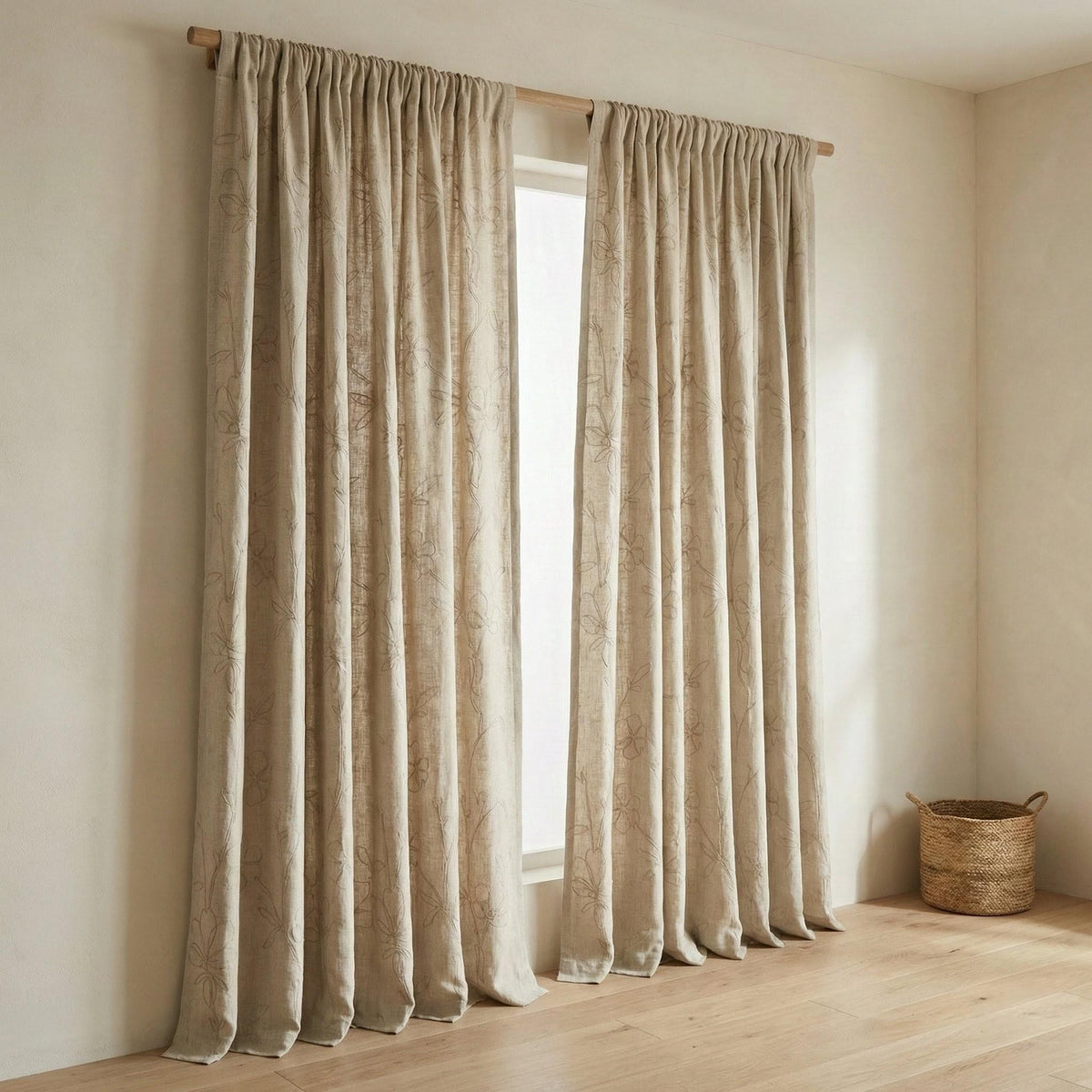 Beige Linen Curtains, Floral Embroidered, Custom Size, Unlined/Lined — image 3