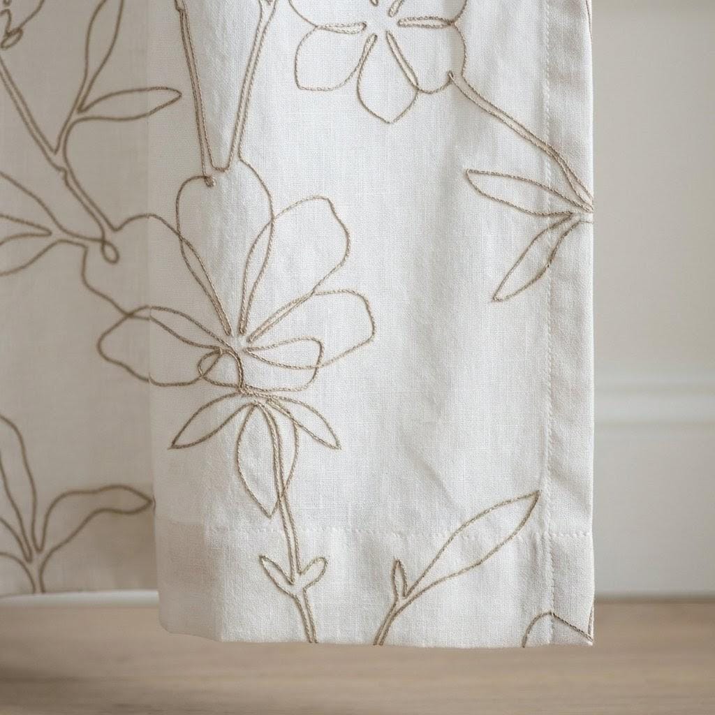 Embroidered Linen Curtain, Floral Outline Stitch, Custom Size — image 6
