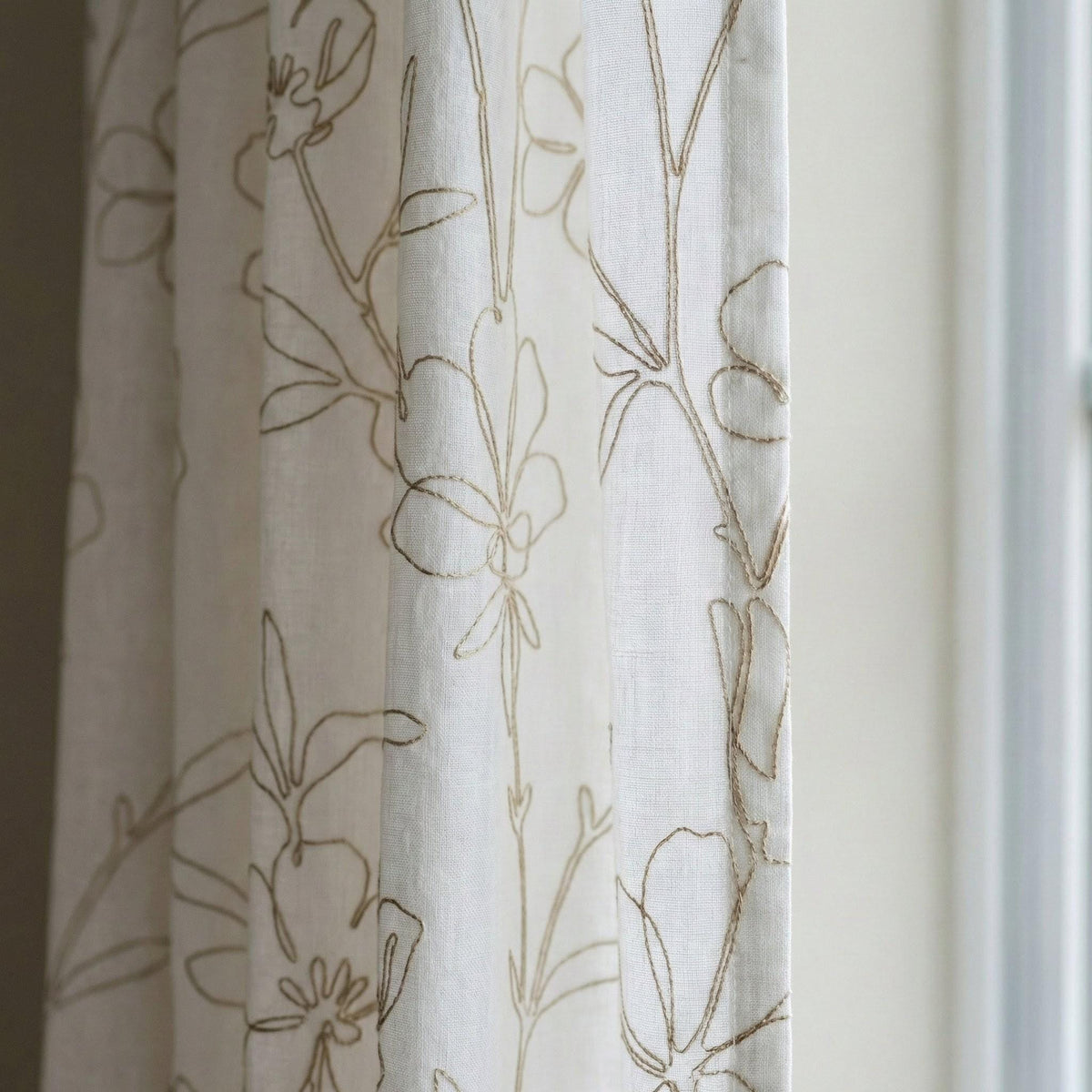 Embroidered Linen Curtain, Floral Outline Stitch, Custom Size — image 7