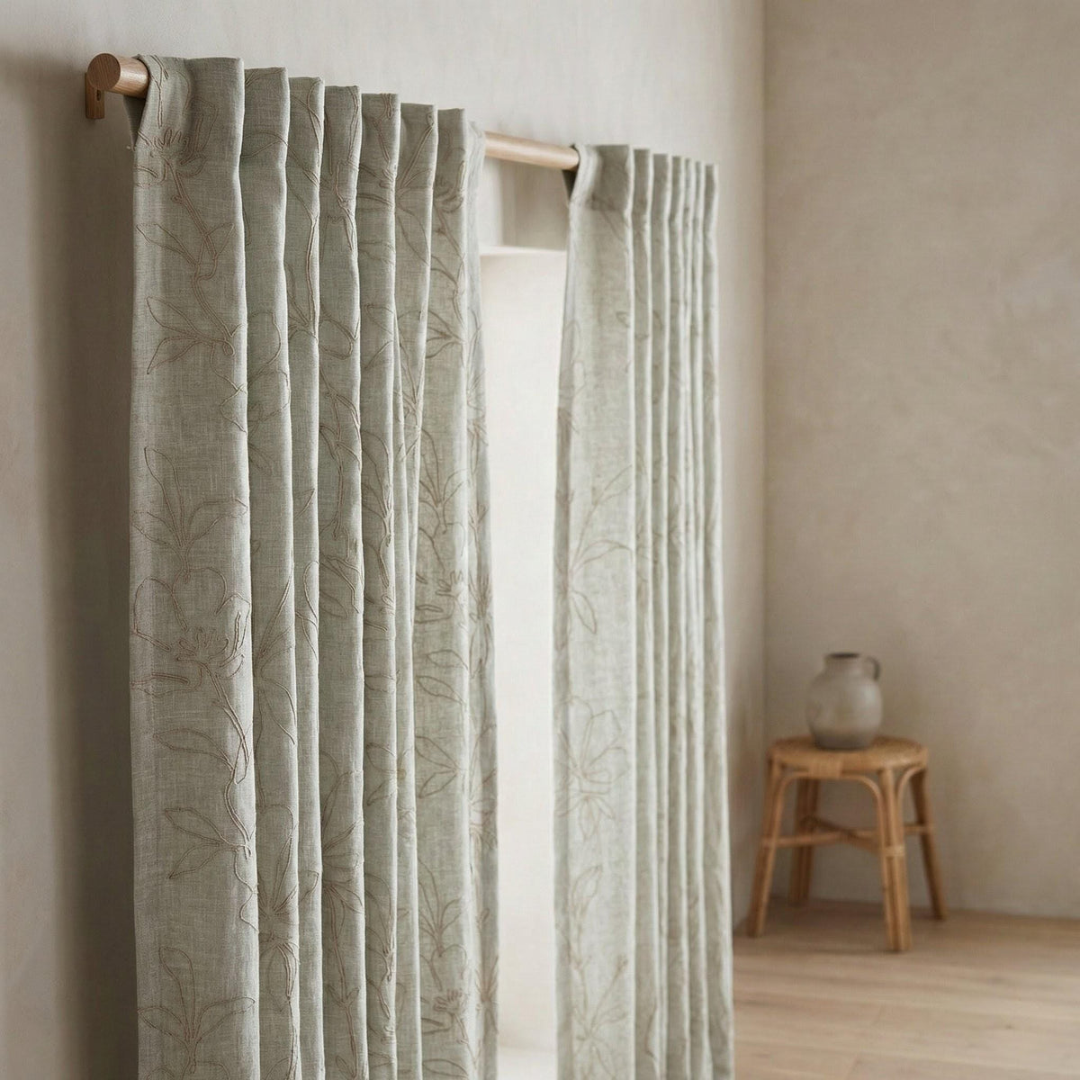Embroidered Linen Curtain, Sage Mint Floral Outline, Custom Size — image 3
