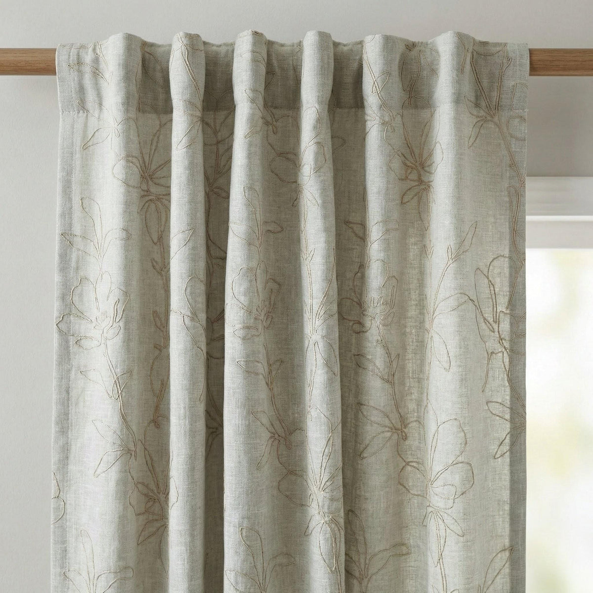 Embroidered Linen Curtain, Sage Mint Floral Outline, Custom Size — image 5
