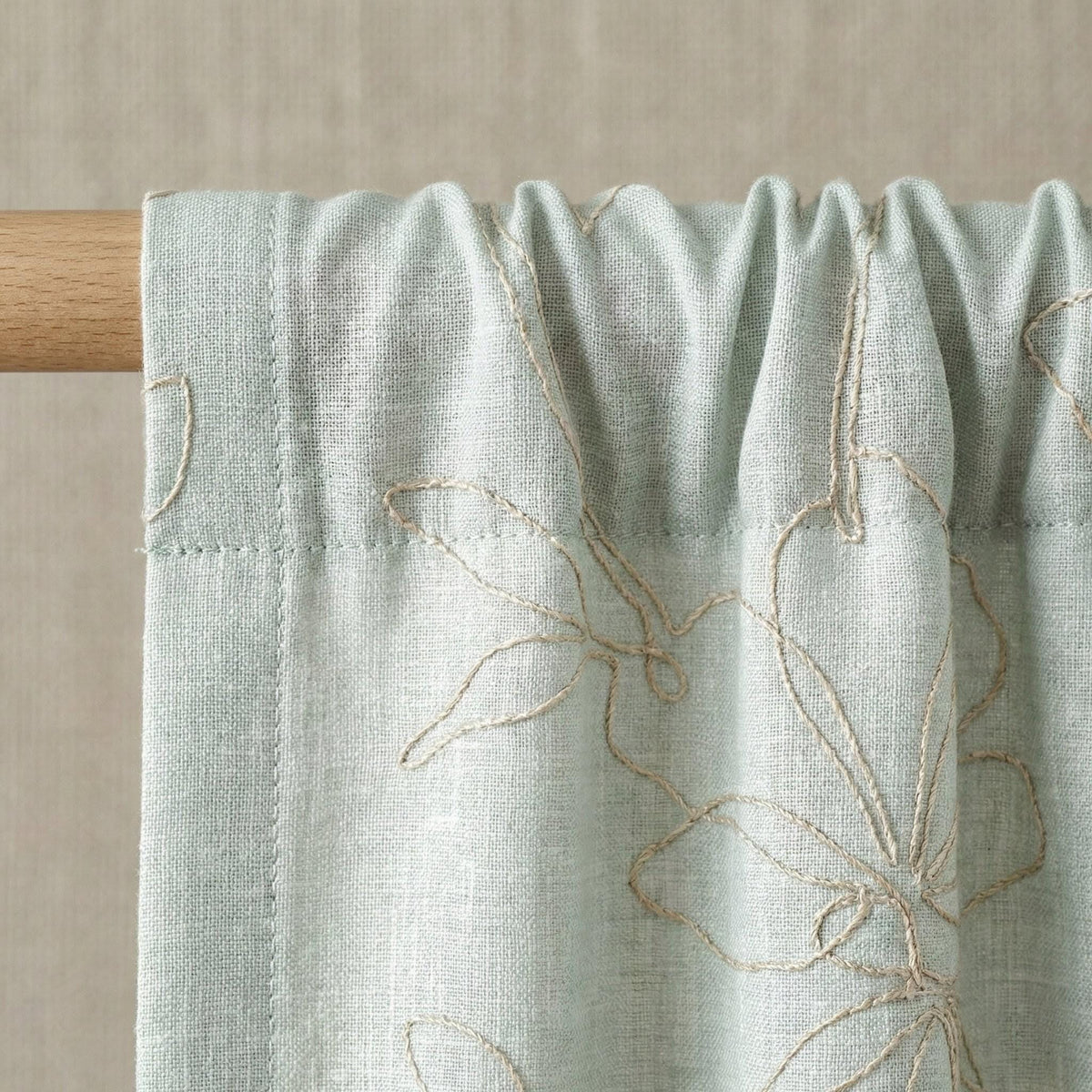 Embroidered Linen Curtain, Sage Mint Floral Outline, Custom Size — image 7
