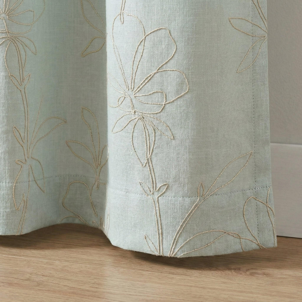 Embroidered Linen Curtain, Sage Mint Floral Outline, Custom Size — image 8