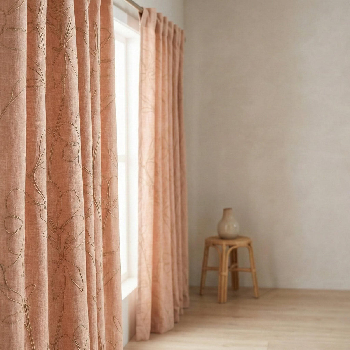 Embroidered Linen Curtains, Dusty Blush Pink, Minimal Floral — image 3