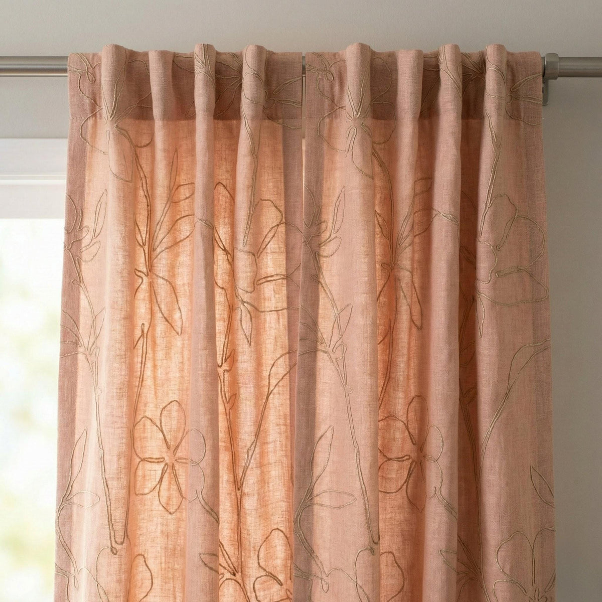 Embroidered Linen Curtains, Dusty Blush Pink, Minimal Floral — image 6