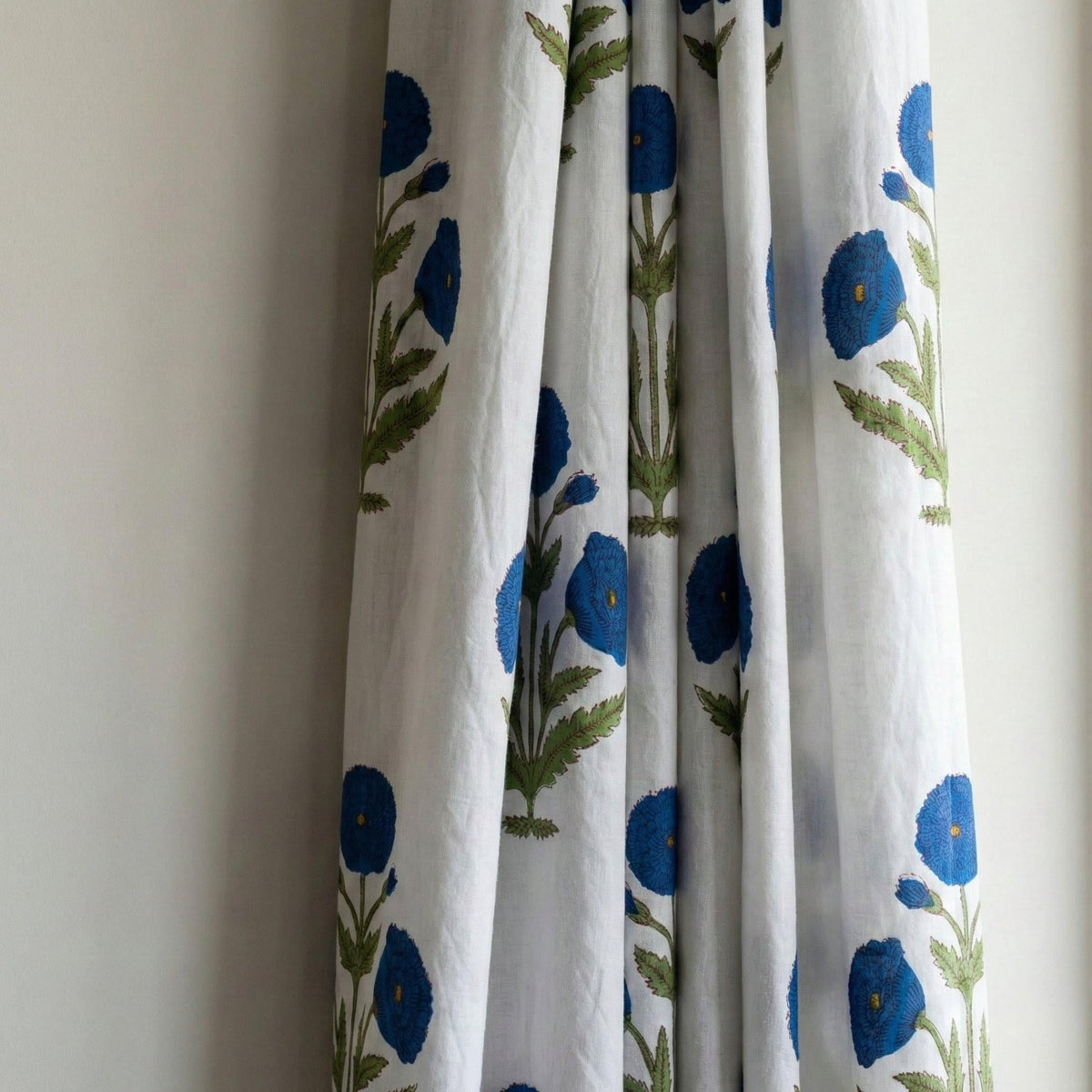 White Organic Cotton Curtains, Blue Floral Block Print, Boho Style — image 8