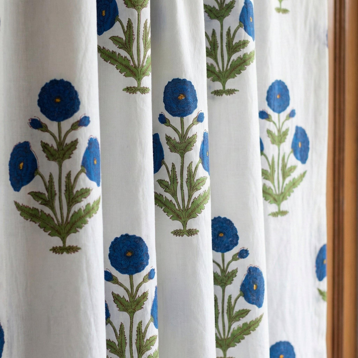 White Organic Cotton Curtains, Blue Floral Block Print, Boho Style — image 1