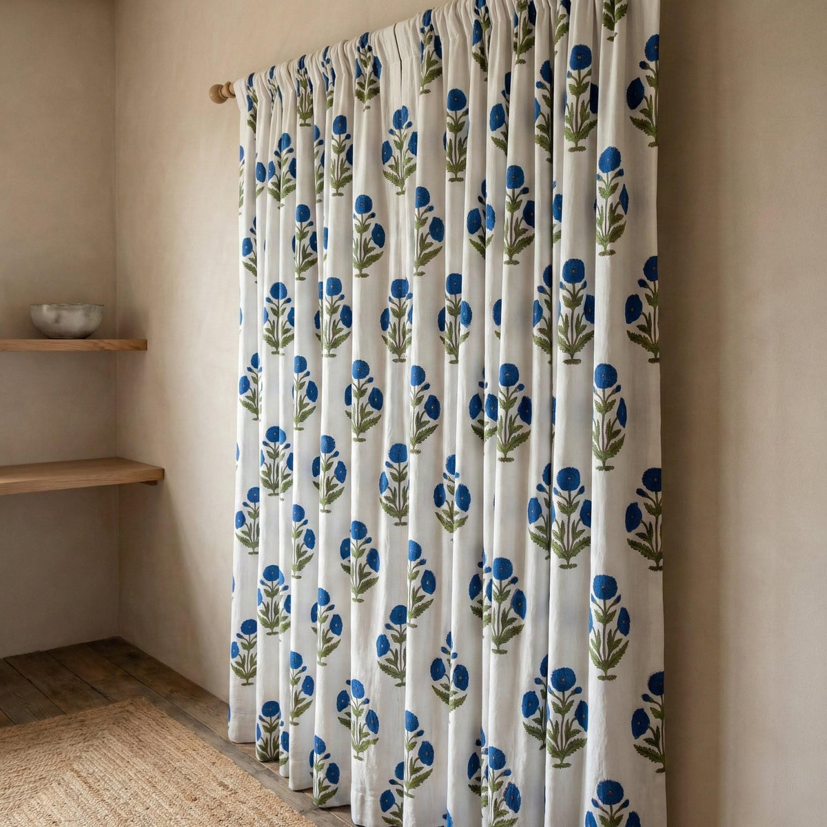 White Organic Cotton Curtains, Blue Floral Block Print, Boho Style — image 7