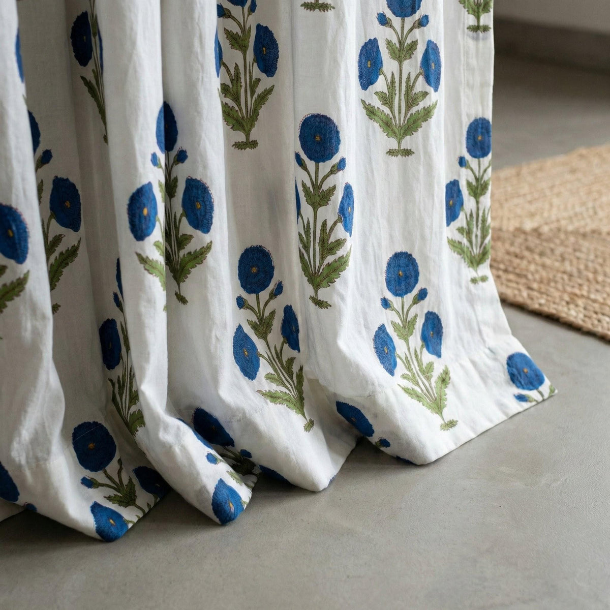 White Organic Cotton Curtains, Blue Floral Block Print, Boho Style — image 3