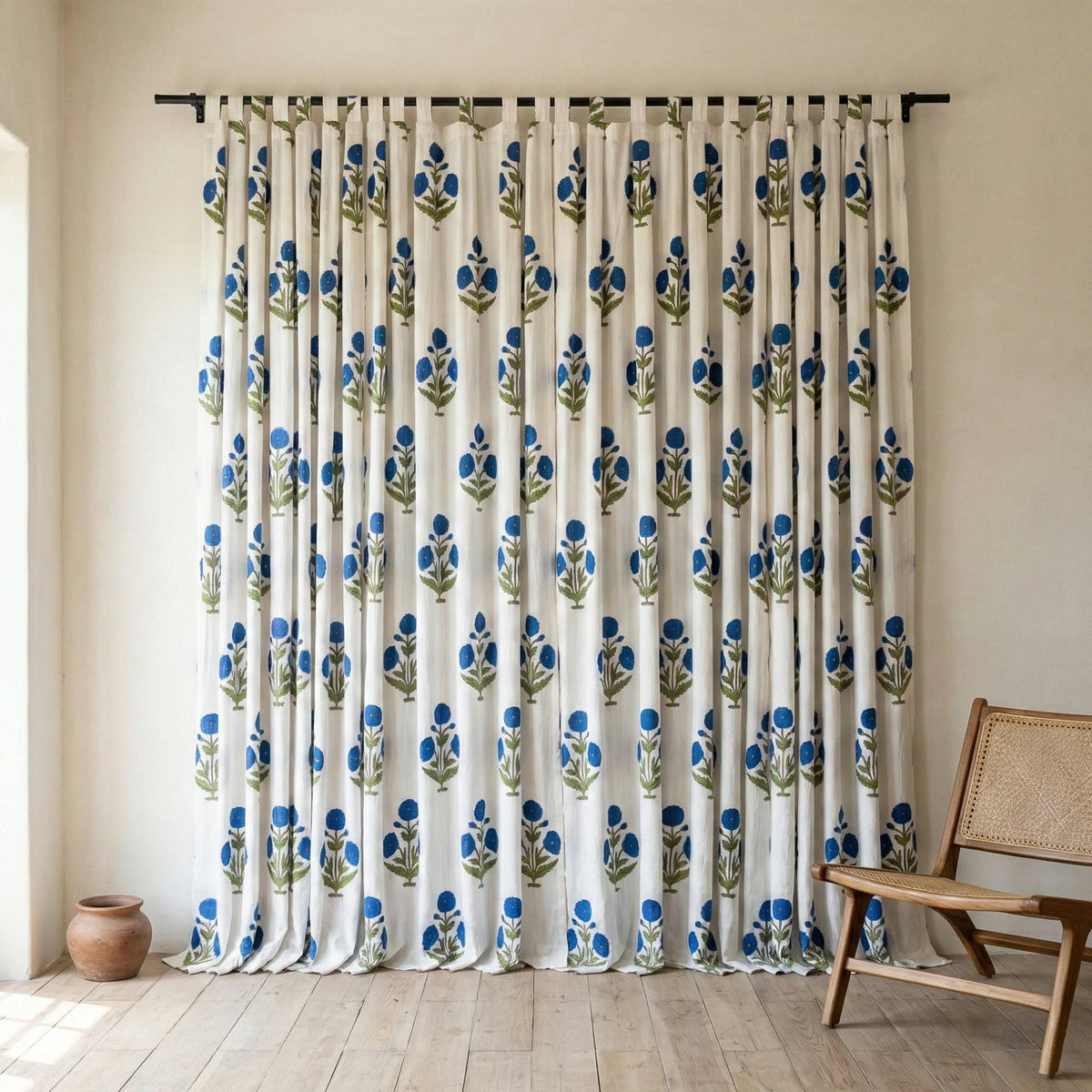 White Organic Cotton Curtains, Blue Floral Block Print, Boho Style — image 2