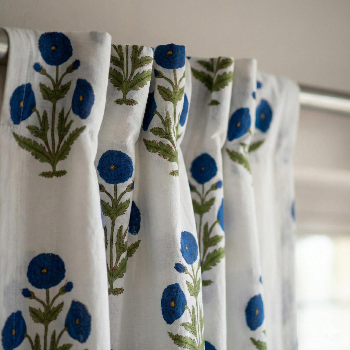White Organic Cotton Curtains, Blue Floral Block Print, Boho Style — image 5