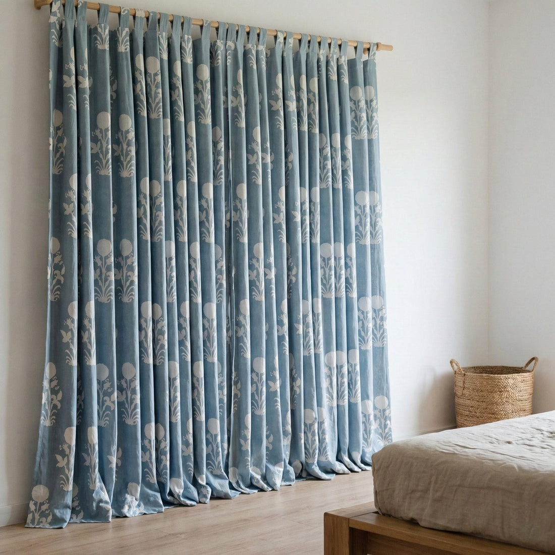Dusty Blue Block Print Cotton Curtains, White Floral Drapes, Custom Size — image 1