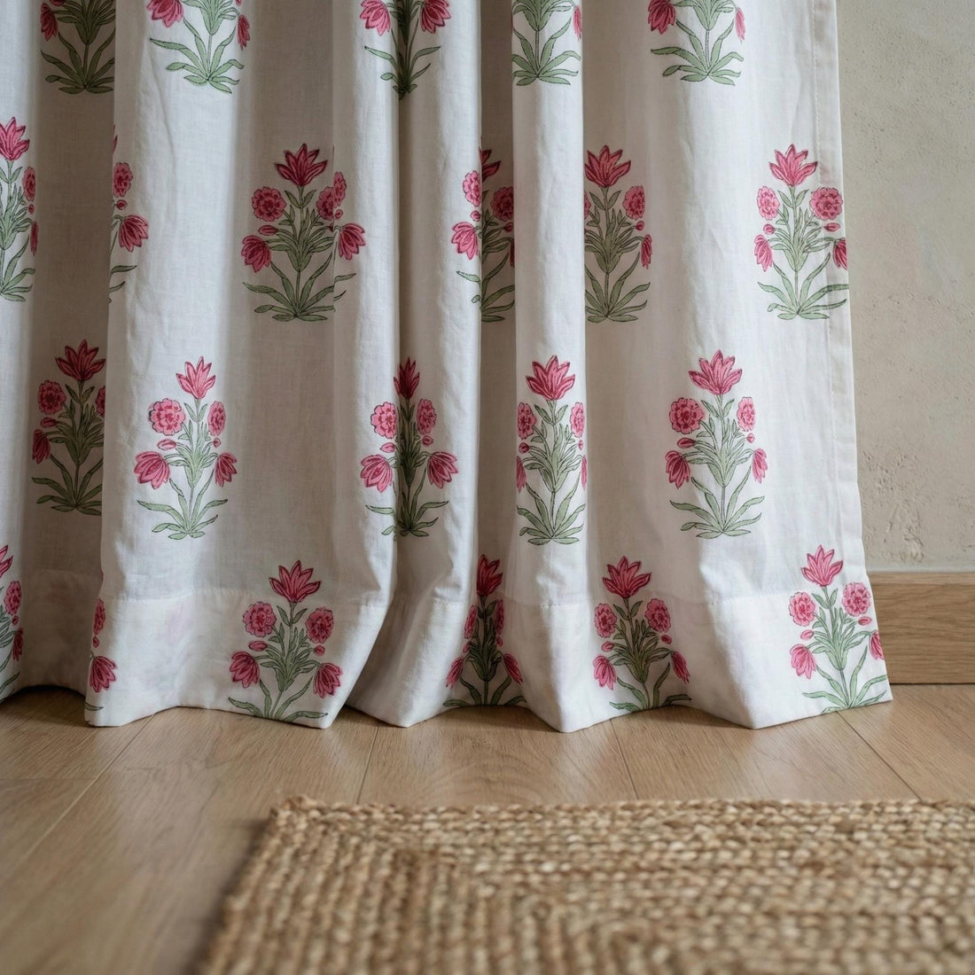 Hand Block Print Curtain, Pink Floral Organic Cotton, Semi Sheer or Blackout — image 1