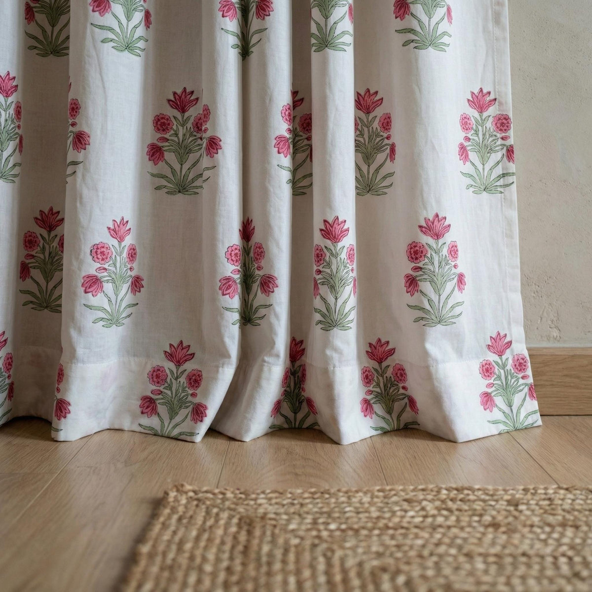 Hand Block Print Curtain, Pink Floral Organic Cotton, Semi Sheer or Blackout — image 2