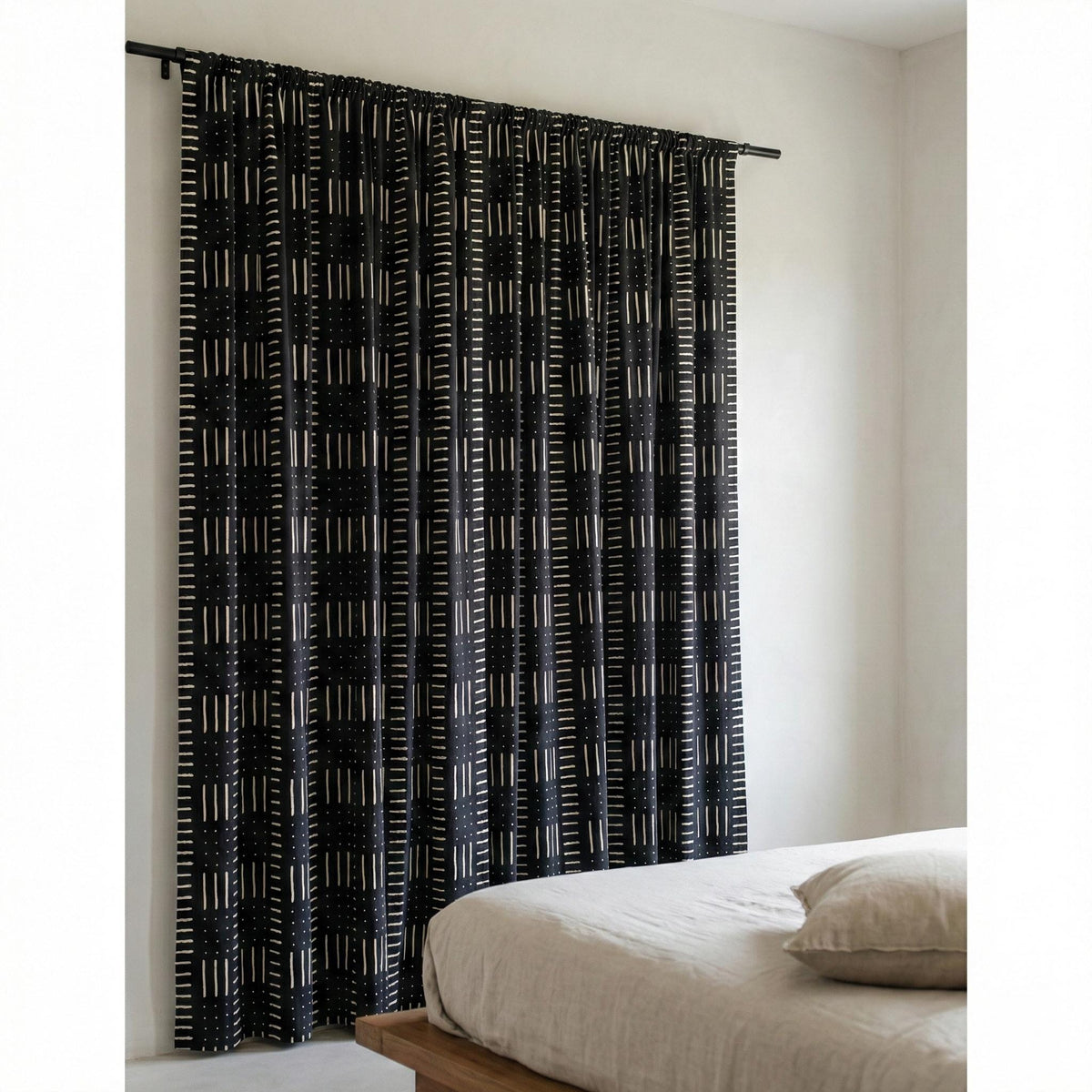Indigo Black Mudcloth Block Print Curtains, Organic Cotton, Boho Geometric Drapes — image 4