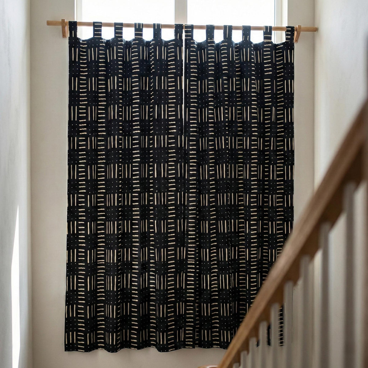 Indigo Black Mudcloth Block Print Curtains, Organic Cotton, Boho Geometric Drapes — image 6