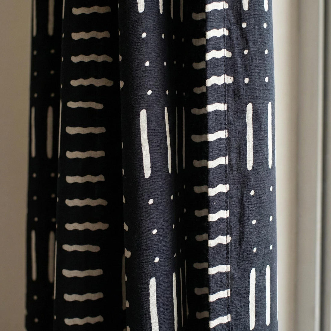 Indigo Black Mudcloth Block Print Curtains, Organic Cotton, Boho Geometric Drapes — image 1