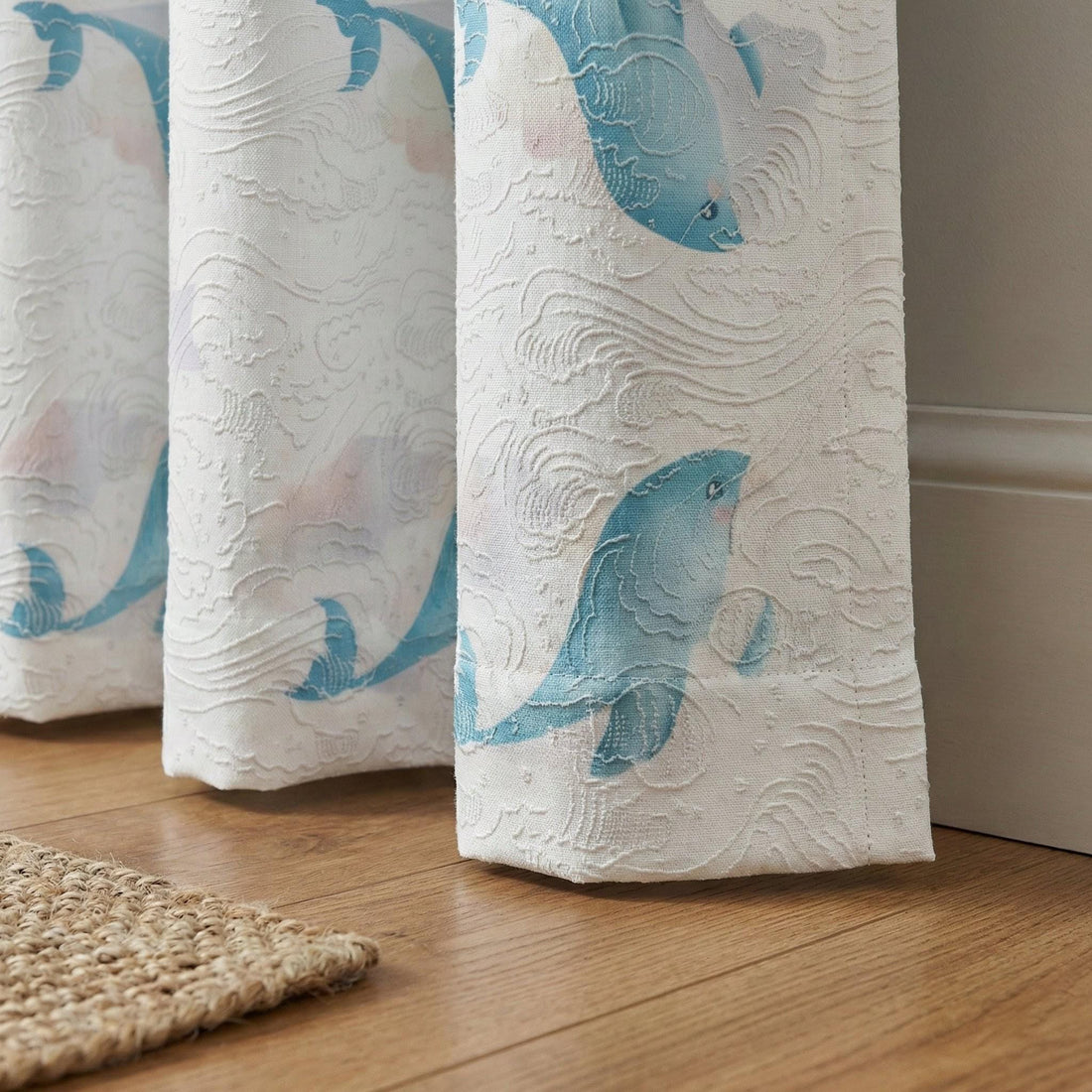 White Linen Nursery Curtains, Blue Whale Print, Wave Jacquard — image 1