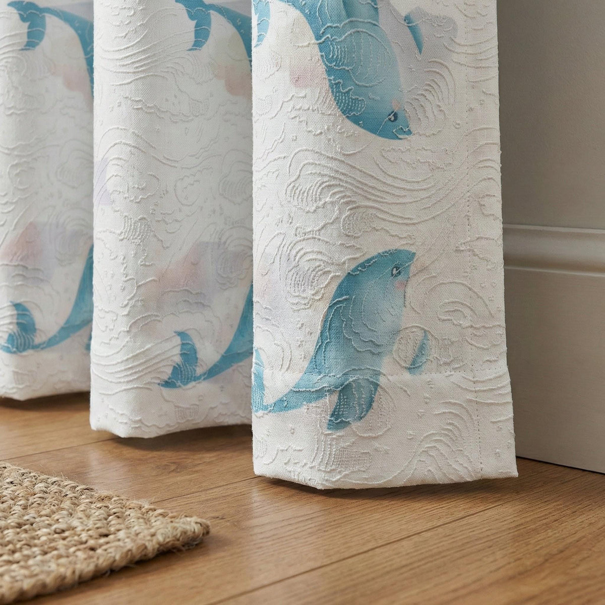 White Linen Nursery Curtains, Blue Whale Print, Wave Jacquard — image 1