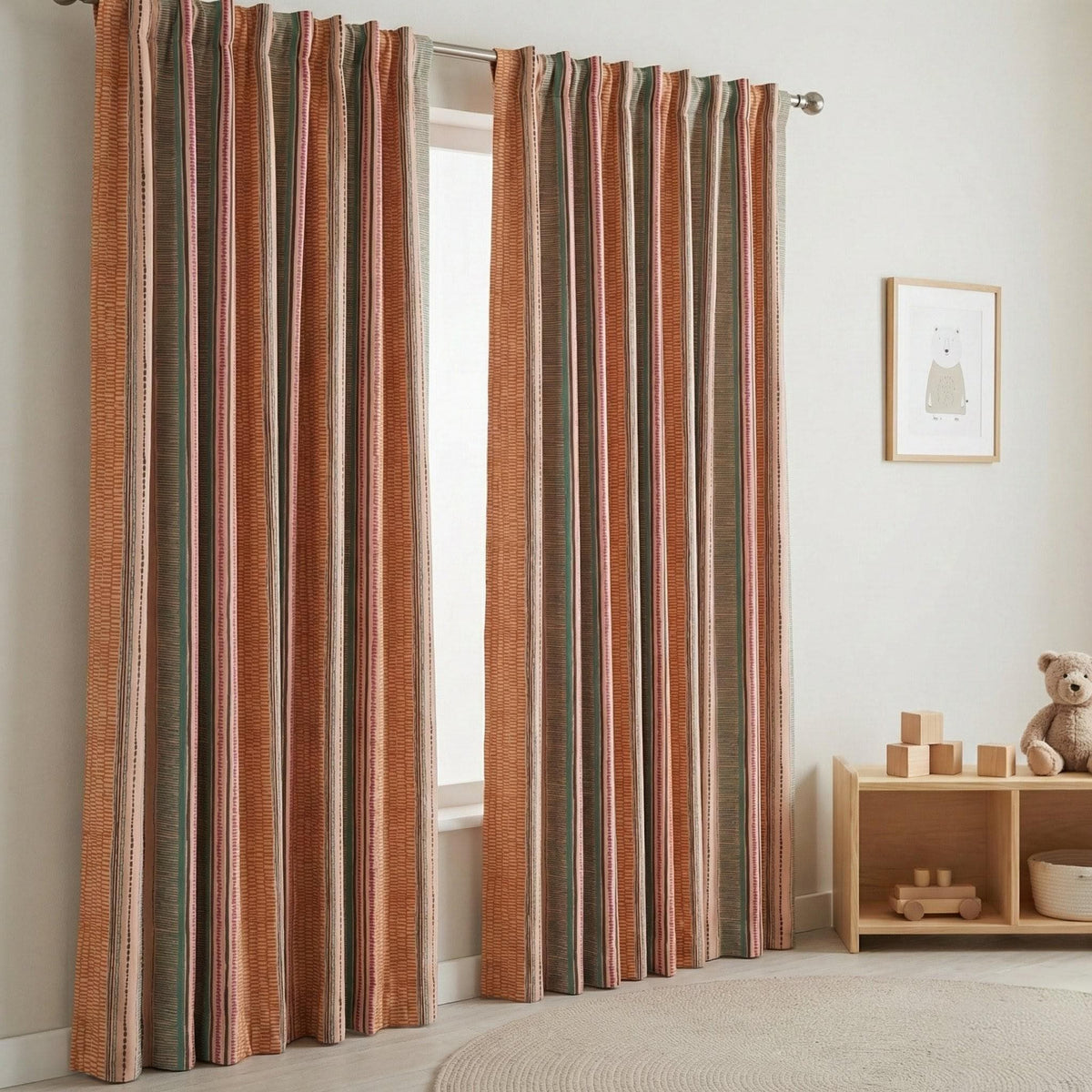 Organic Cotton Kids Curtains - Vertical Stripes in Peach and Teal — image 10