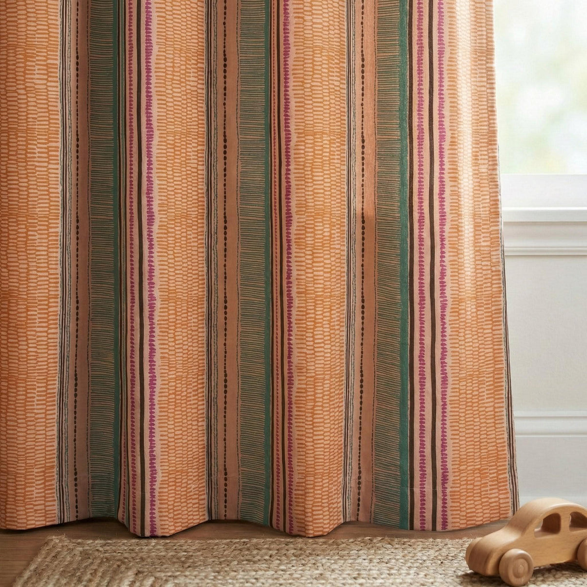 Organic Cotton Kids Curtains - Vertical Stripes in Peach and Teal — image 7