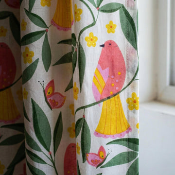 Organic Cotton Bird Floral Curtains, Hand Block Print Drapes, Nursery Boho — image 1