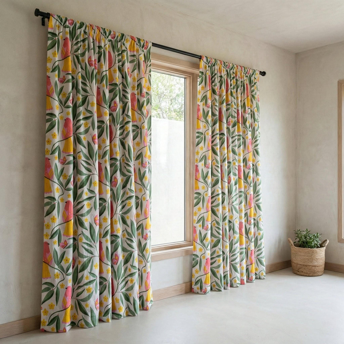 Organic Cotton Bird Floral Curtains, Hand Block Print Drapes, Nursery Boho — image 3