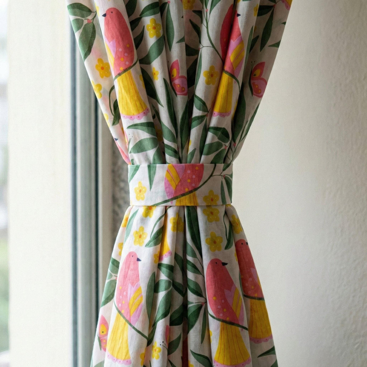 Organic Cotton Bird Floral Curtains, Hand Block Print Drapes, Nursery Boho — image 2