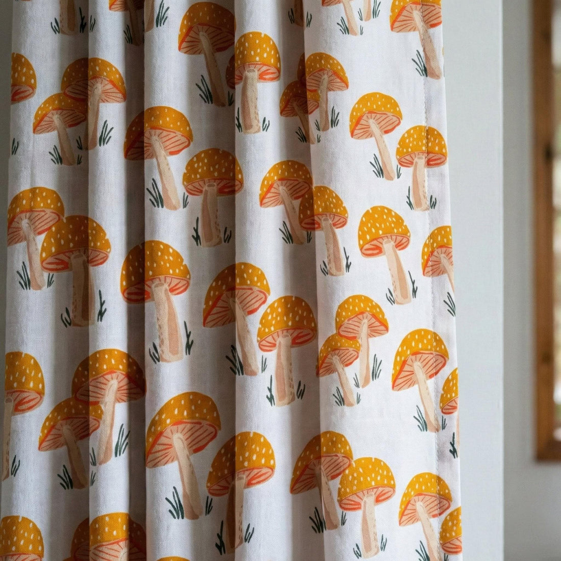 Mushroom Block Print Organic Cotton Curtain, Cottagecore Nursery — image 1