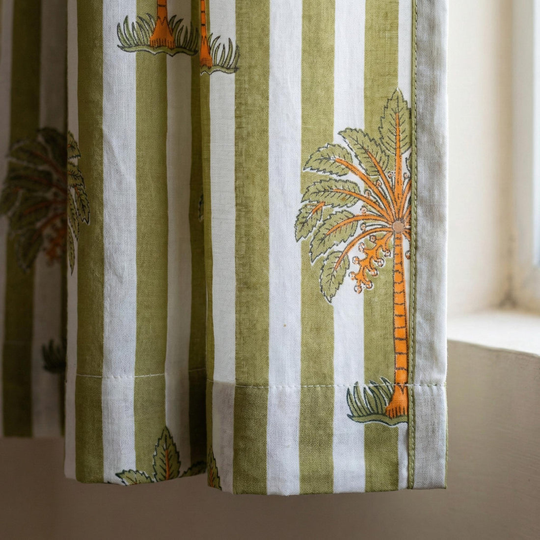 Block Print Palm Tree Curtains, Green Stripe Organic Cotton Window Panels — image 1