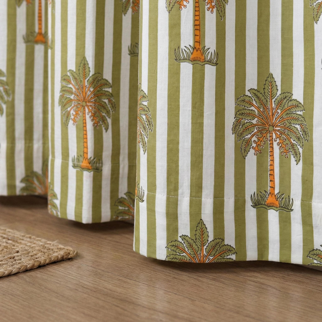 Block Print Palm Tree Curtains, Green Stripe Organic Cotton Window Panels — image 1