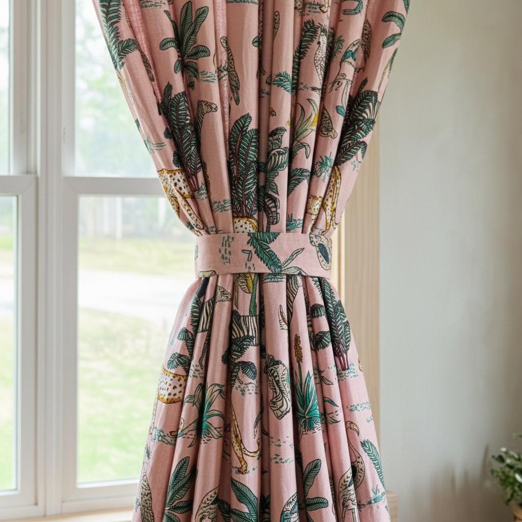 Blush Pink Safari Curtains, Organic Cotton Jungle Animal Print, Custom Lined — image 1