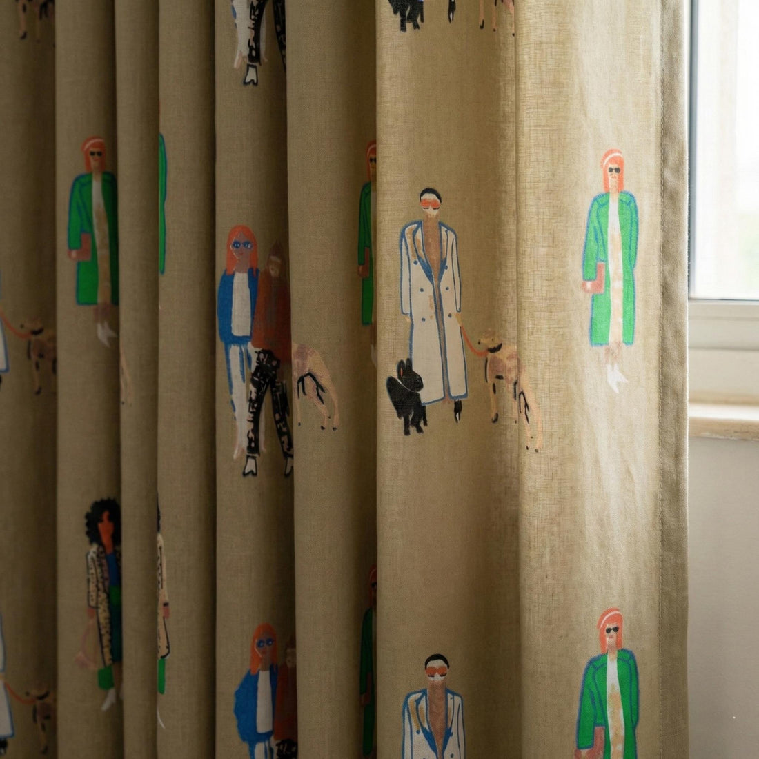 Beige Organic Cotton Curtains, Hand Block Print People & Dogs, Custom Size — image 1