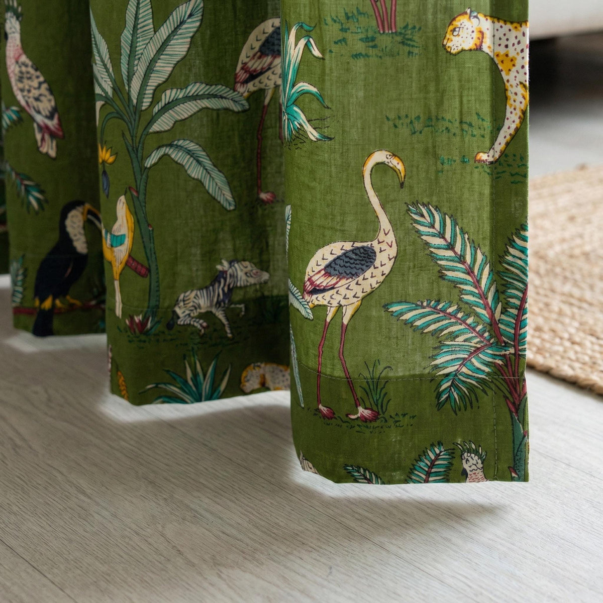 Olive Green Safari Curtains, Organic Cotton Block Print Drapes, Boho Decor — image 2