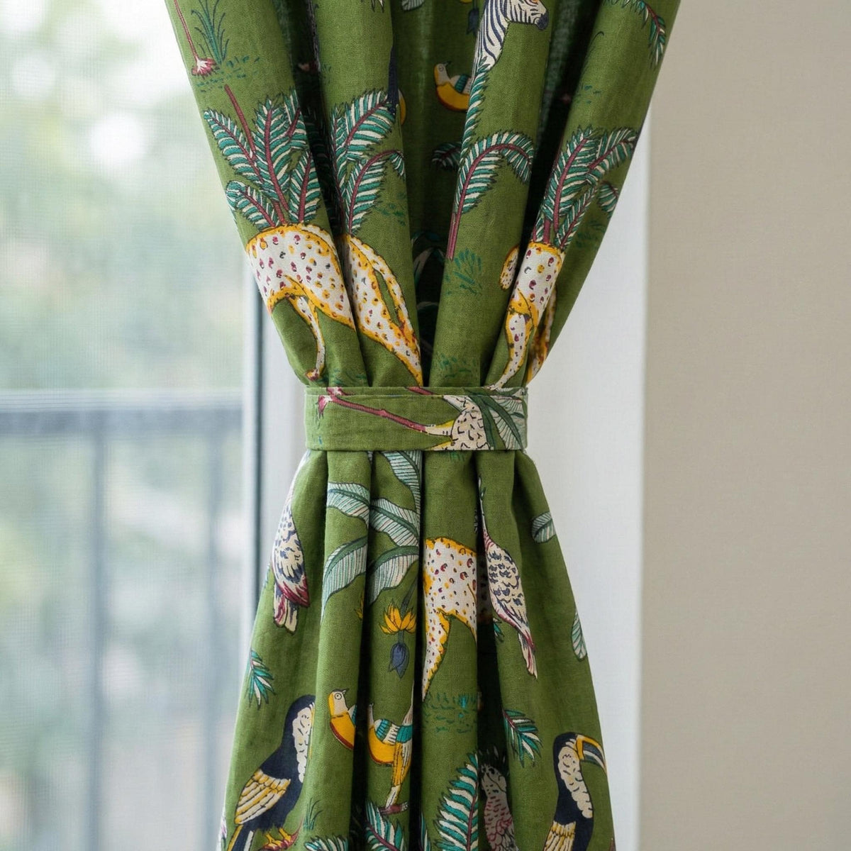 Olive Green Safari Curtains, Organic Cotton Block Print Drapes, Boho Decor — image 4