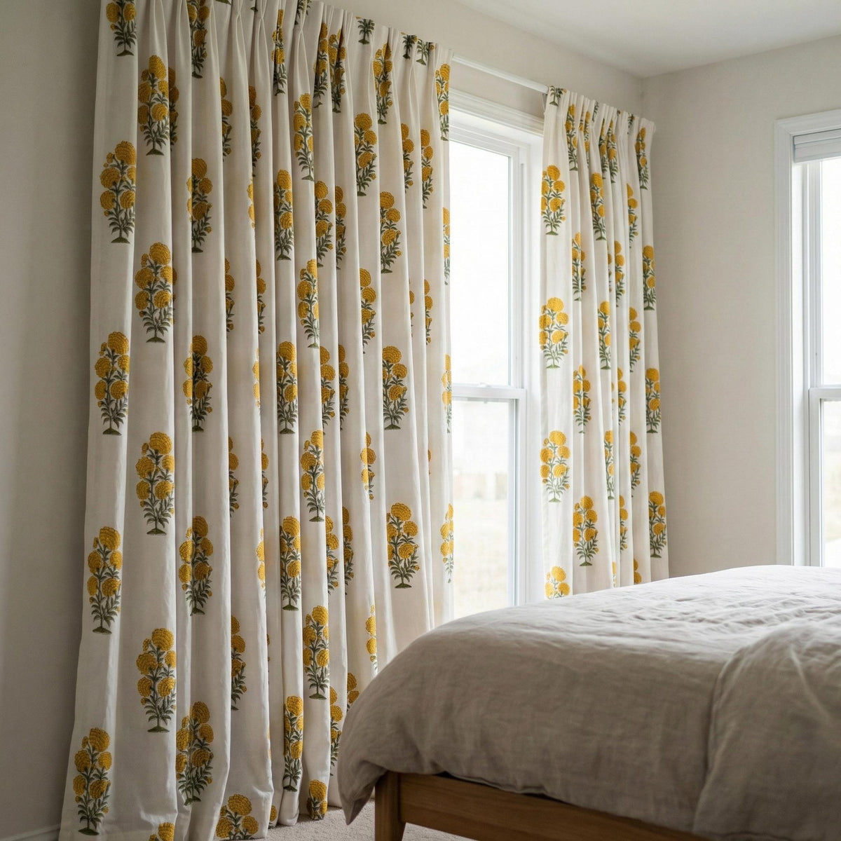 Organic Cotton Curtains, Yellow Marigold Floral Block Print, Custom Drapes — image 8