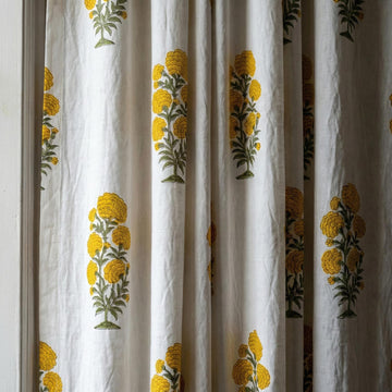 Organic Cotton Curtains, Yellow Marigold Floral Block Print, Custom Drapes — image 1