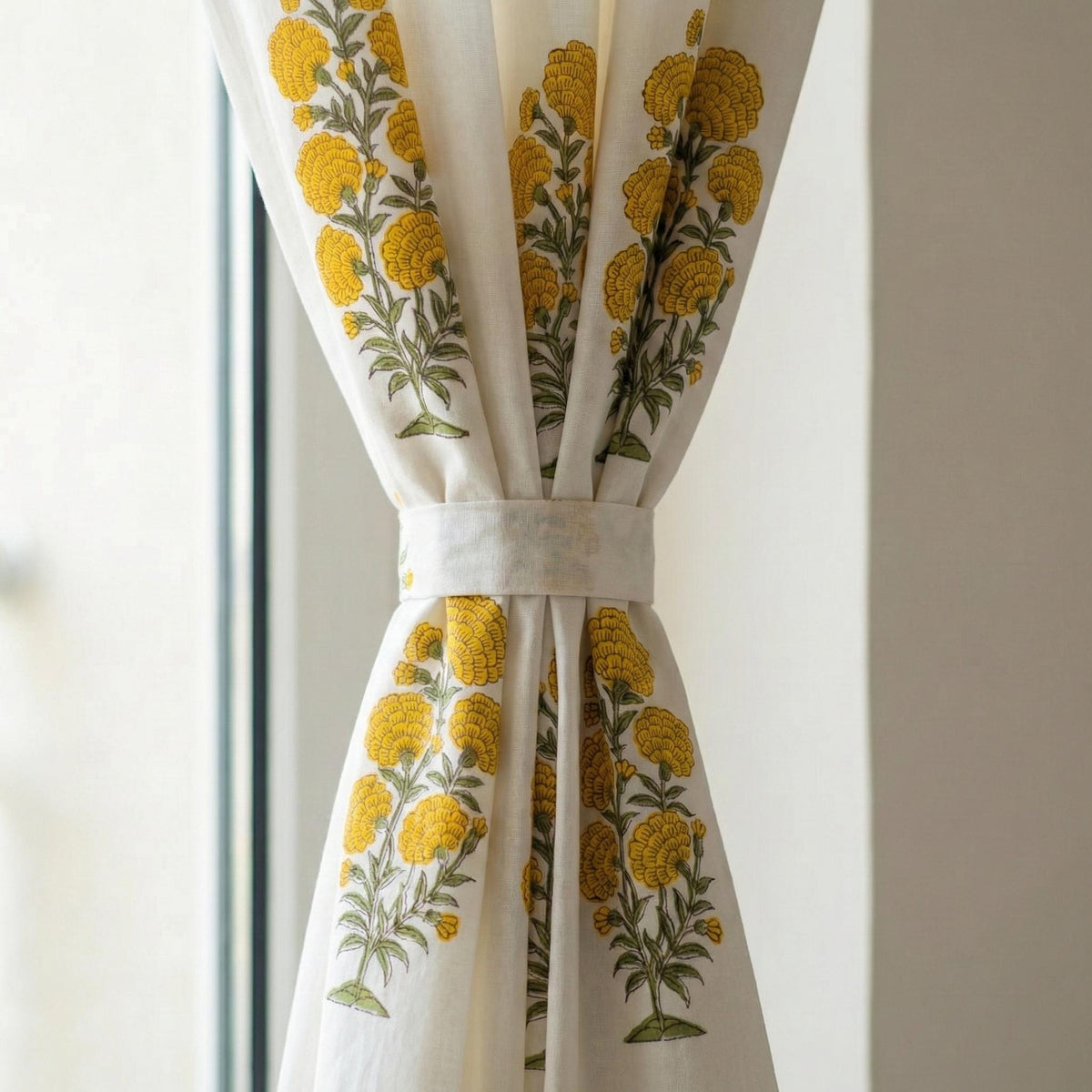 Organic Cotton Curtains, Yellow Marigold Floral Block Print, Custom Drapes — image 3