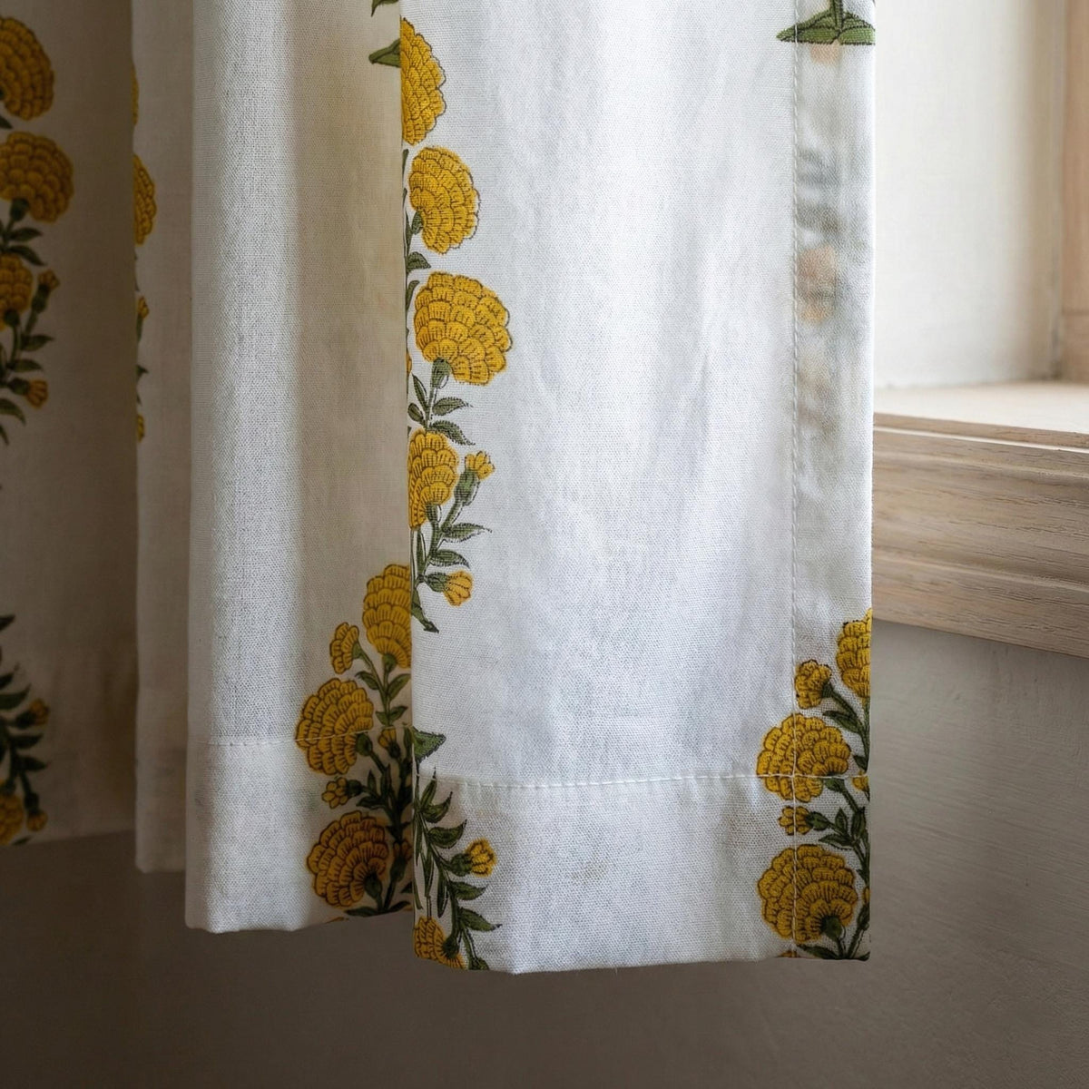 Organic Cotton Curtains, Yellow Marigold Floral Block Print, Custom Drapes — image 5
