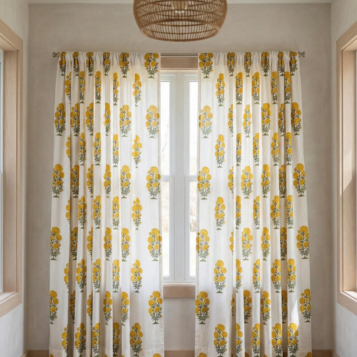 Organic Cotton Curtains, Yellow Marigold Floral Block Print, Custom Drapes — image 9