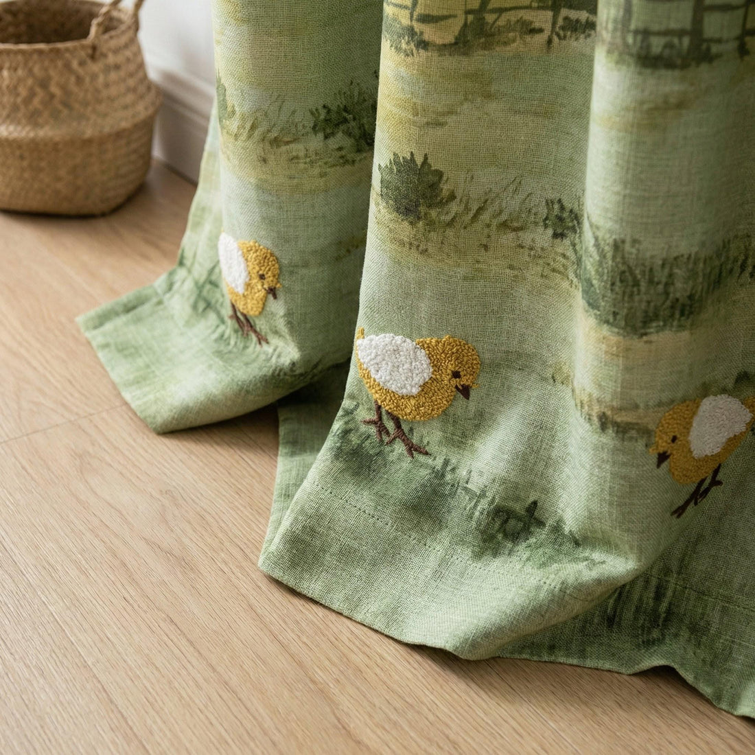 Chick Embroidered Linen Nursery Curtains, Farmhouse Style — image 1