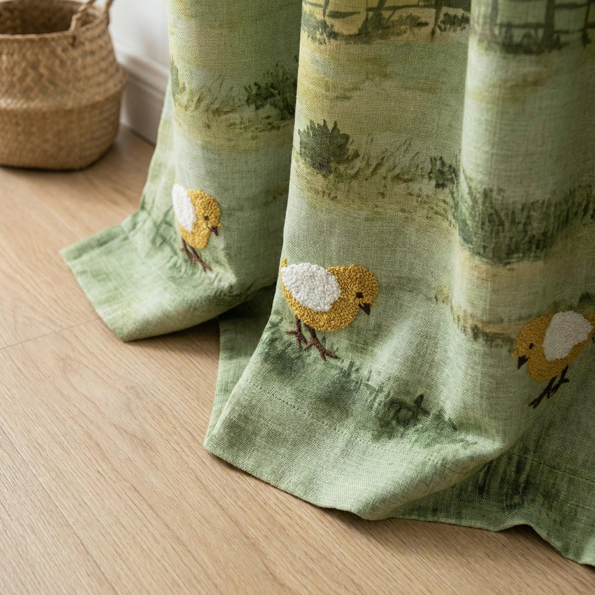 Chick Embroidered Linen Nursery Curtains, Farmhouse Style — image 2