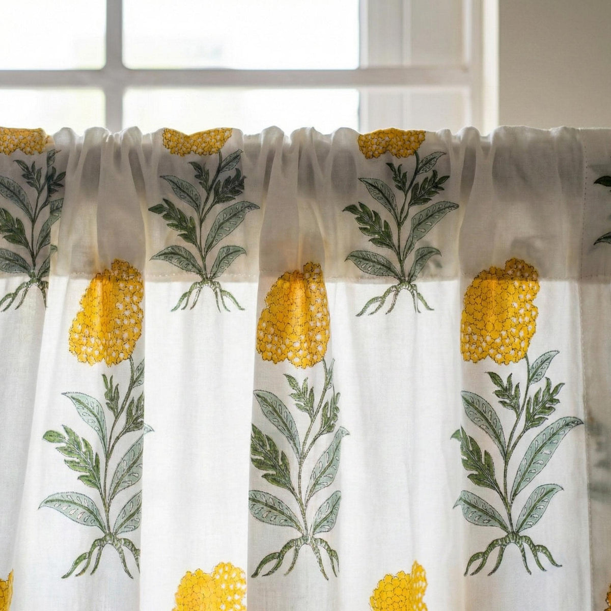 Organic Cotton Block Print Curtains, Mustard Floral, Custom Sizes, Rod Pocket/Back Tab/Grommet/Hook Top — image 9