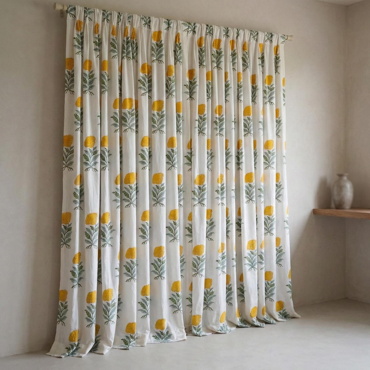 Organic Cotton Block Print Curtains, Mustard Floral, Custom Sizes, Rod Pocket/Back Tab/Grommet/Hook Top — image 6