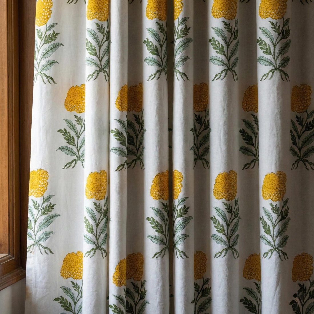 Organic Cotton Block Print Curtains, Mustard Floral, Custom Sizes, Rod Pocket/Back Tab/Grommet/Hook Top — image 1