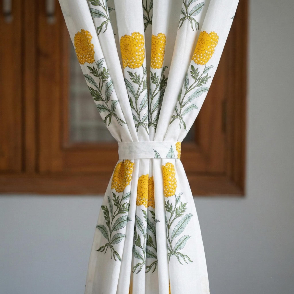 Organic Cotton Block Print Curtains, Mustard Floral, Custom Sizes, Rod Pocket/Back Tab/Grommet/Hook Top — image 3