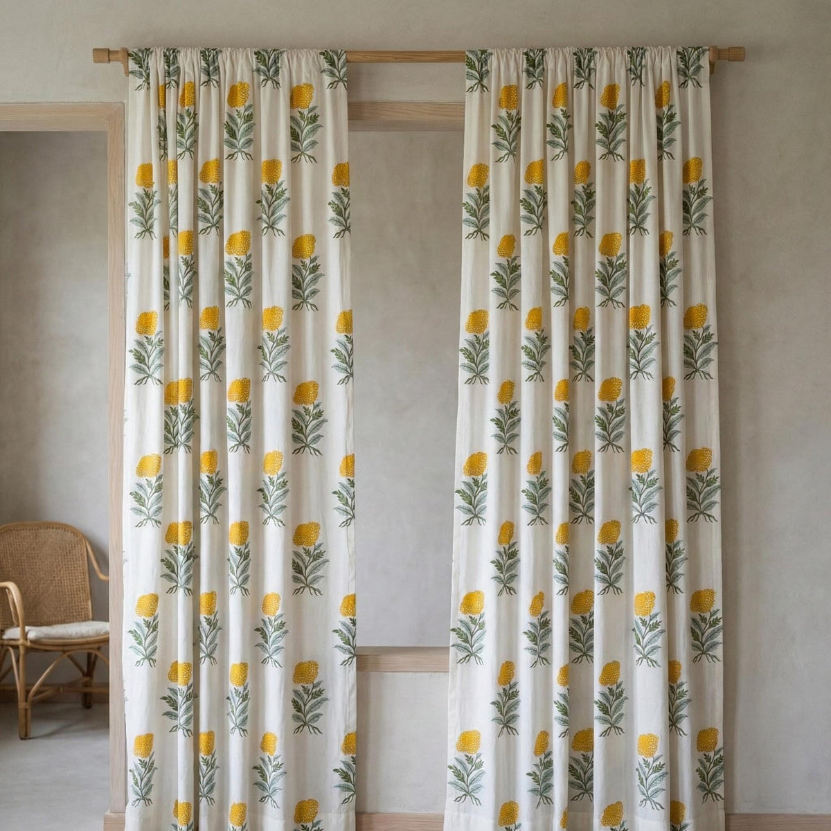 Organic Cotton Block Print Curtains, Mustard Floral, Custom Sizes, Rod Pocket/Back Tab/Grommet/Hook Top — image 8