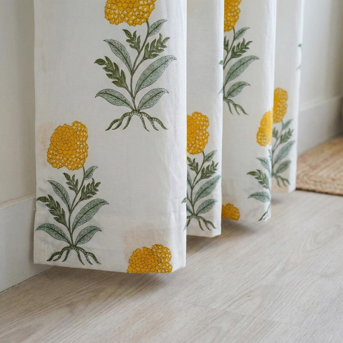 Organic Cotton Block Print Curtains, Mustard Floral, Custom Sizes, Rod Pocket/Back Tab/Grommet/Hook Top — image 1